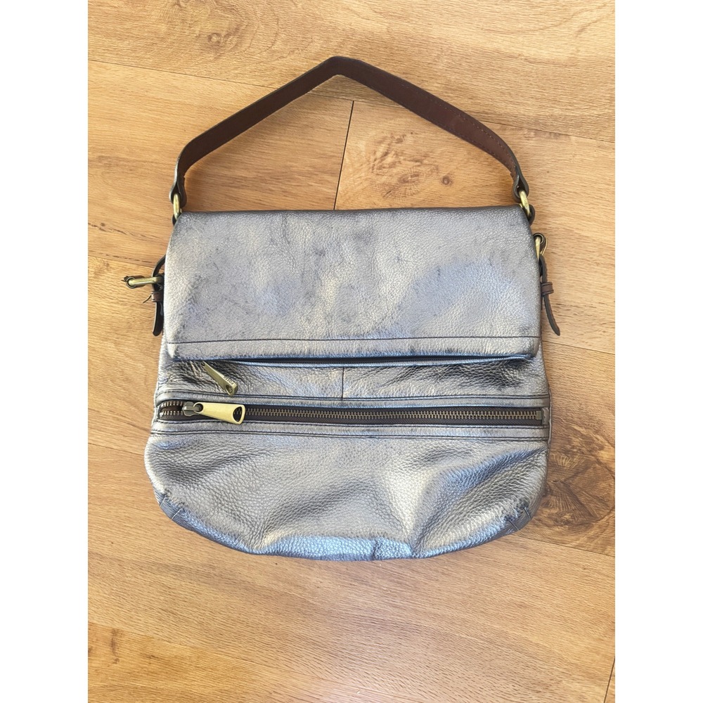 Fossil Metallic Explorer pewter buckskin leather fold-over messenger bag Purse‎